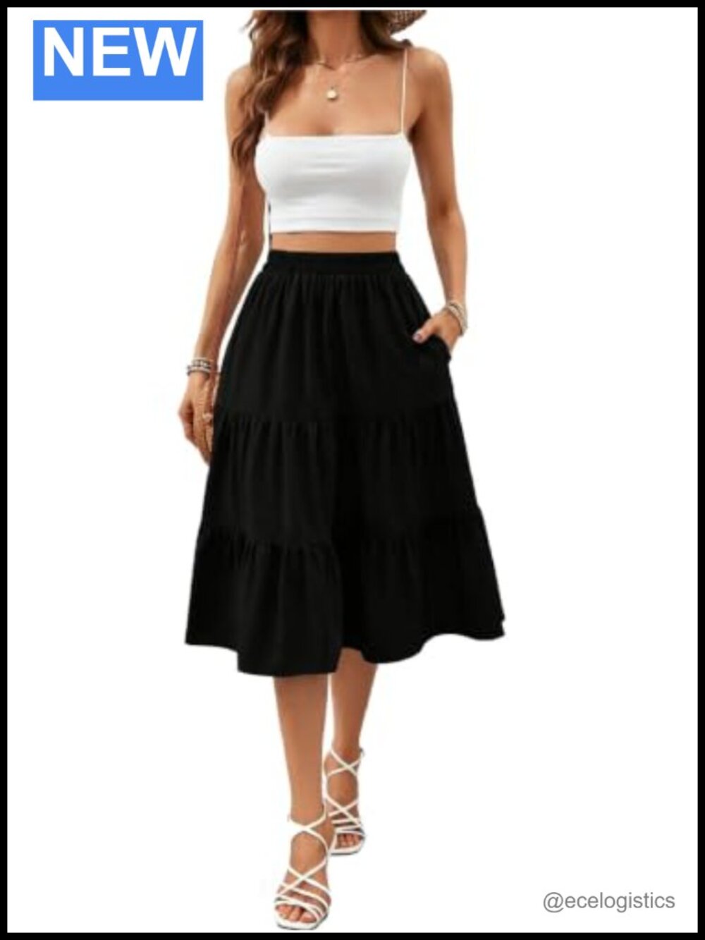Women's Flowy Midi Skirt Tiered Ruffle A Line with Pockets